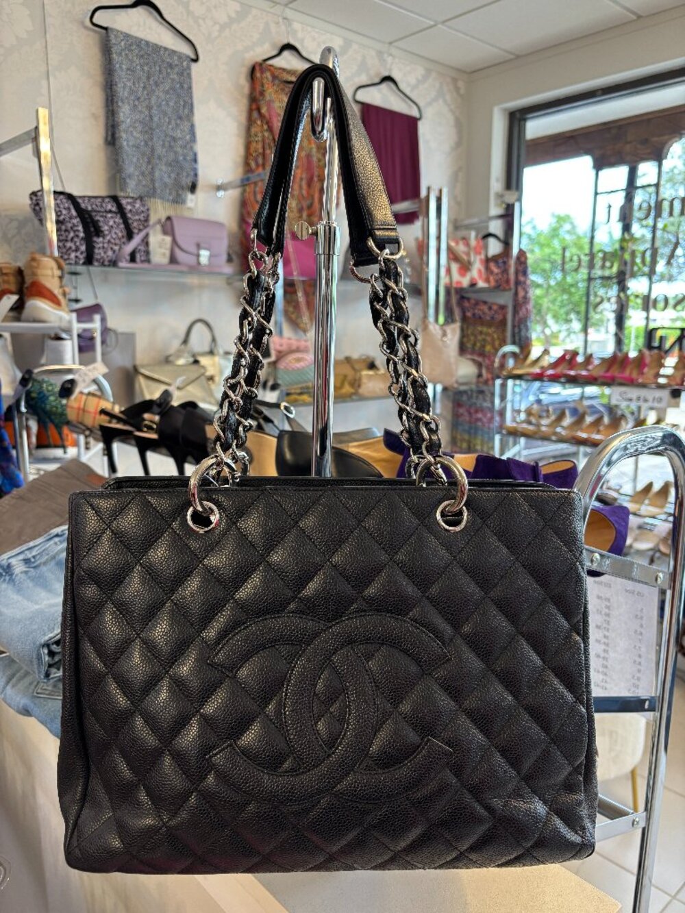 Chanel Grand Shopping Tote Black Caviar Quilted Leather Silver Hardware